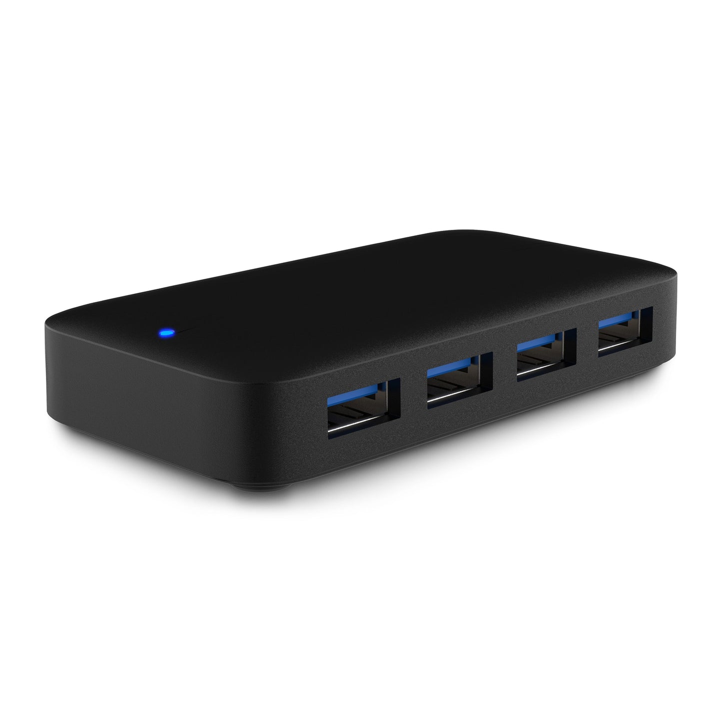 USB 3.0 hub 4-vejs sort, rektangulær med fire frontporte, blå indikatorlampe, strømforsyning, 5 Gb/s.