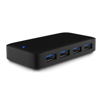 USB 3.0 hub 4-vejs sort, rektangulær med fire frontporte, blå indikatorlampe, strømforsyning, 5 Gb/s.
