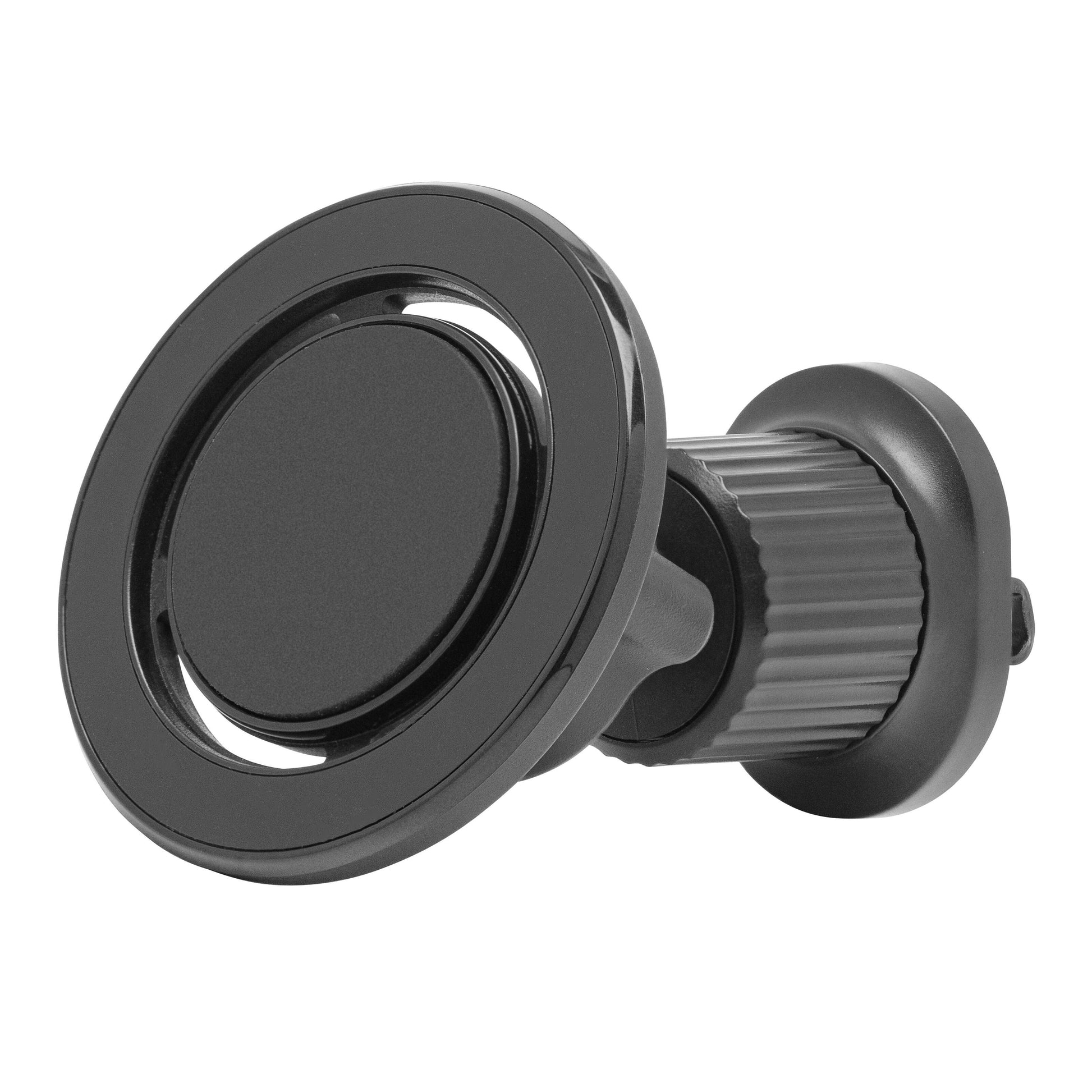 Magnetisk mobilholder til bil, sort, cirkulær med rillet justerbar base og glat front til fastgørelse af telefon.