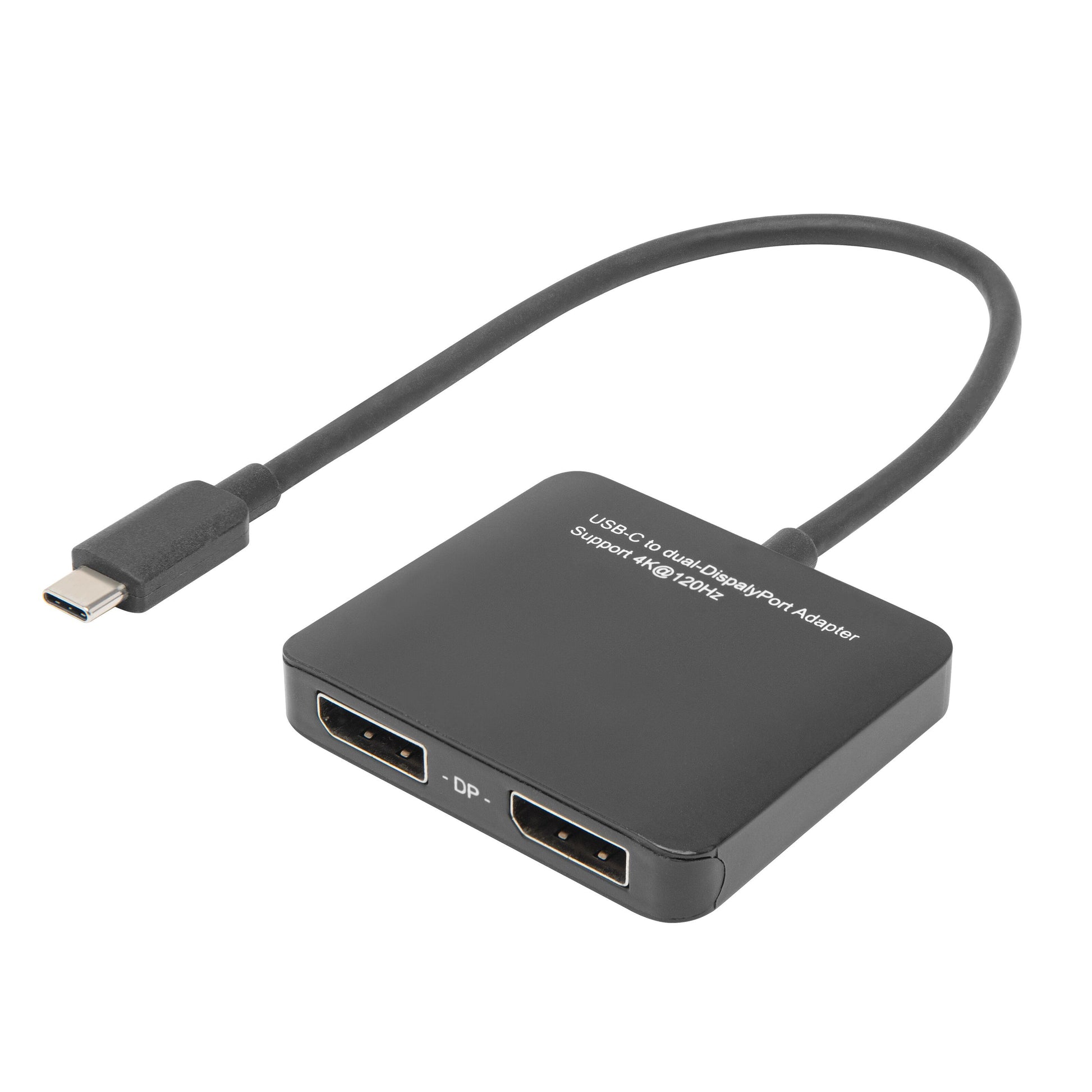 Plexgear USB-C til 2x DisplayPort adapter sort, kort kabel, USB-C han til 2 DP hun med "DP"-mærkning, understøtter op til 8K.