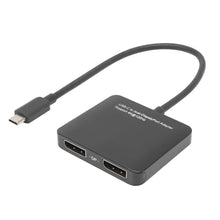 Plexgear USB-C til 2x DisplayPort adapter sort, kort kabel, USB-C han til 2 DP hun med "DP"-mærkning, understøtter op til 8K.