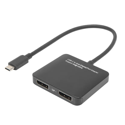 Plexgear USB-C til 2x DisplayPort adapter sort, kort kabel, USB-C han til 2 DP hun med "DP"-mærkning, understøtter op til 8K.