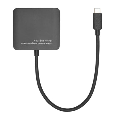 Plexgear USB-C til 2x DisplayPort adapter, sort, kort kabel, firkantet stik, 4K120Hz, understøtter 8K DisplayPort.