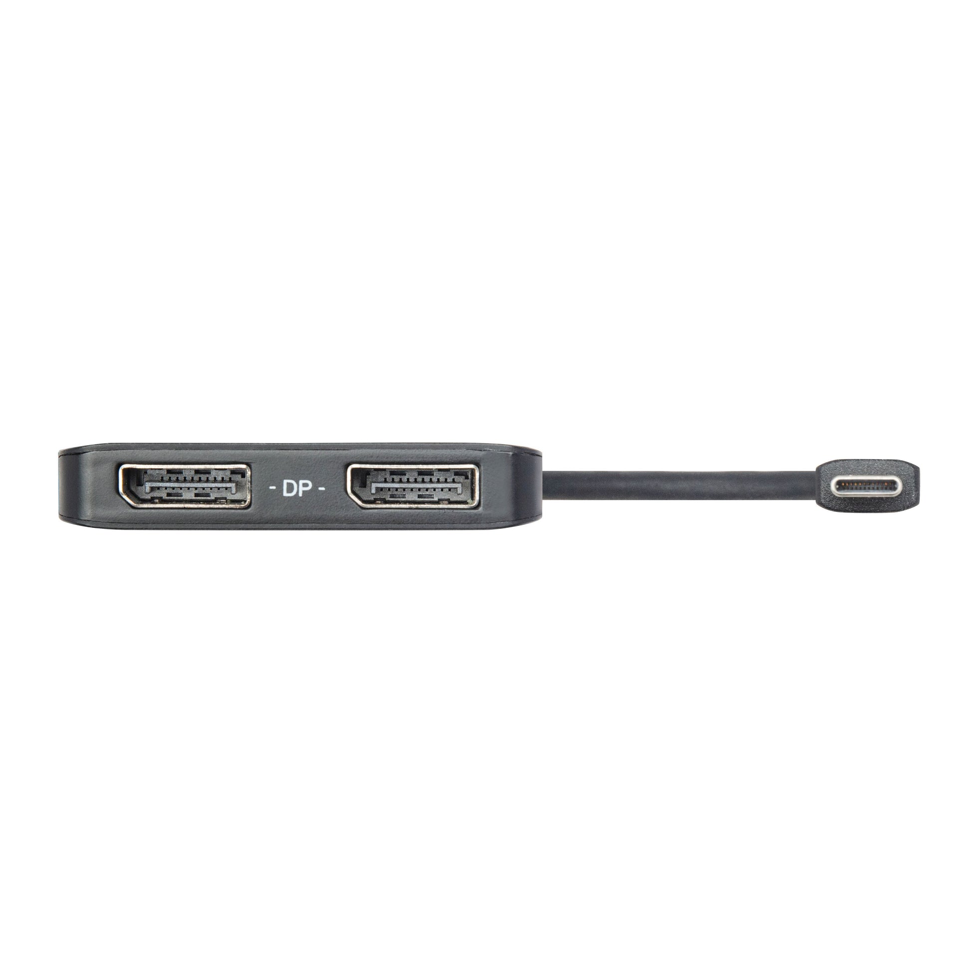 USB-C til 2x DisplayPort adapter sort, til DisplayPort udgange og kort USB-C kabel, egnet til 8K skærmtilslutning.