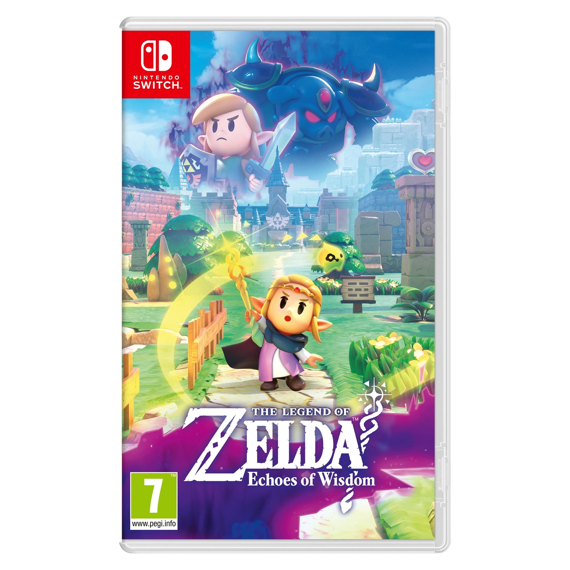 Nintendo The Legend of Zelda: Echoes of Wisdom spilæske med Link og Zelda foran slot, PEGI 7.