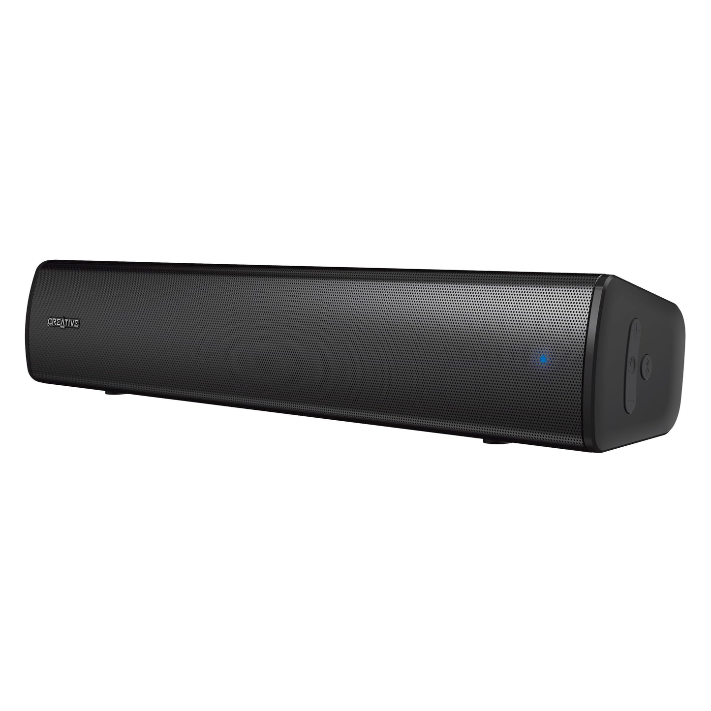 Creative Scene Air V2 sort rektangulær Bluetooth-soundbar med meshfront, powerknap og blå indikatorlys på siden.