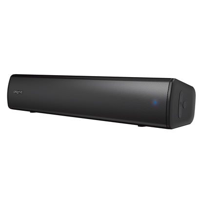 Creative Scene Air V2 sort rektangulær Bluetooth-soundbar med meshfront, powerknap og blå indikatorlys på siden.