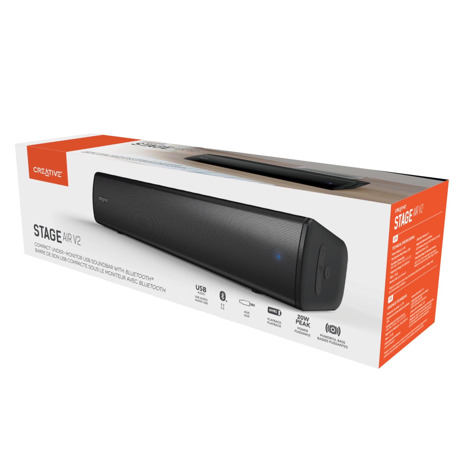 Creative Stage Air V2 Bluetooth soundbar i emballage med USB og AUX, 20W peak, kraftig bas, til pc og skærm.