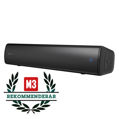 Creative Scene Air V2 sort Bluetooth-soundbar med blå LED, synligt M3-logo og REKOMMENDERAR-badge foran.