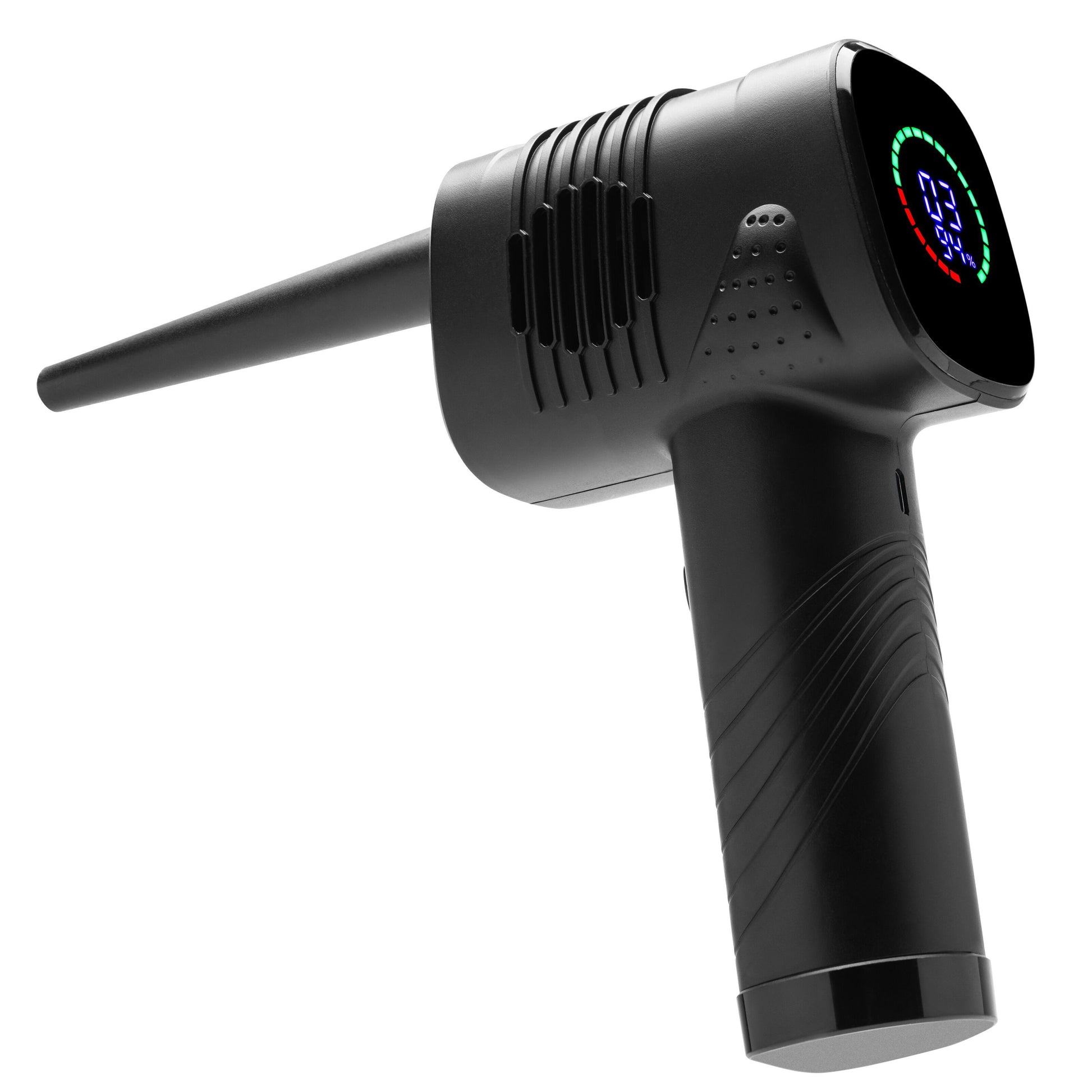 Plexgear CC1000 kombineret luftdæmper og luftpumpe sort, lang dyse, tekstureret greb, ventilationssider, rund digital skærm.
