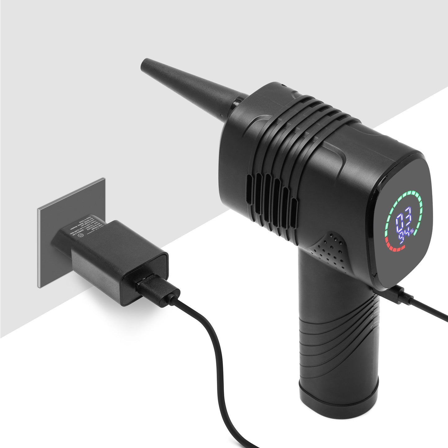 Plexgear CC1000 kombineret luftdæmper og luftpumpe sort med digitalt display, USB-adapter, dyse og riflet håndtag.