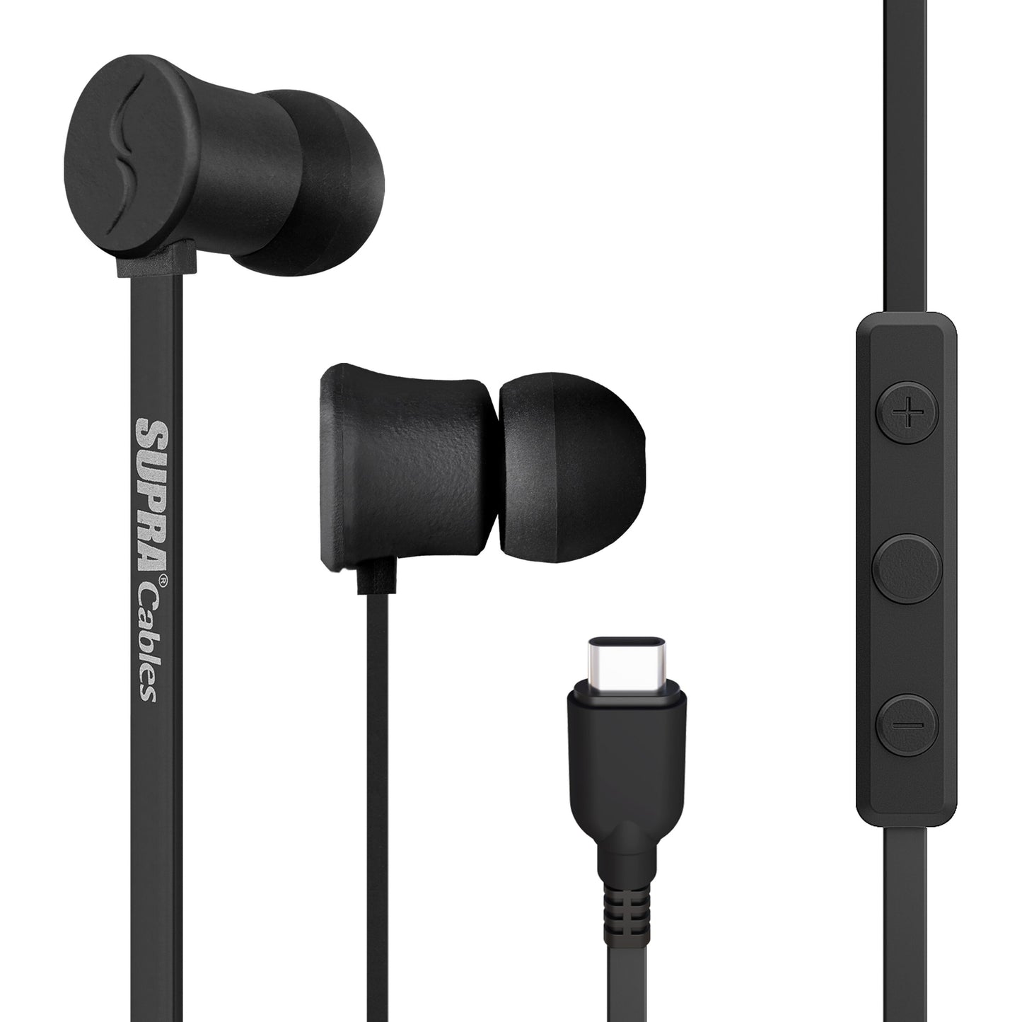 Supra Nero USB-C in-ear headset, sort, silikonepropper, fladt kabel, fjernbetjening, digital mikrofon, SUPRA-logo på kabel.