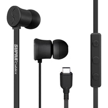 Supra Nero USB-C in-ear headset, sort, silikonepropper, fladt kabel, fjernbetjening, digital mikrofon, SUPRA-logo på kabel.