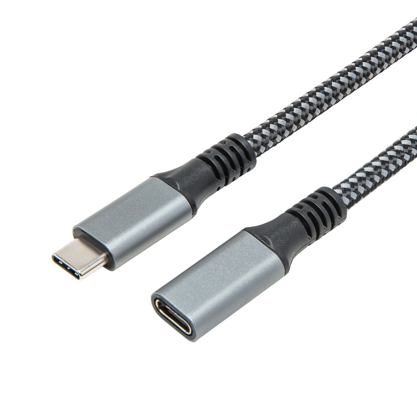 Plexgear USB-C forlængerledning 1 m flettet kabel sølv/sort stik han-til-hun understøtter 100 W opladning.