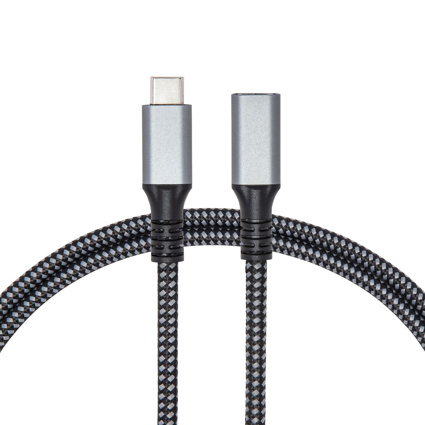 USB-C forlængerkabel 1 m flettet sort/grå med USB-C stik og 3,5 mm jack adapter, understøtter op til 100 W opladning.