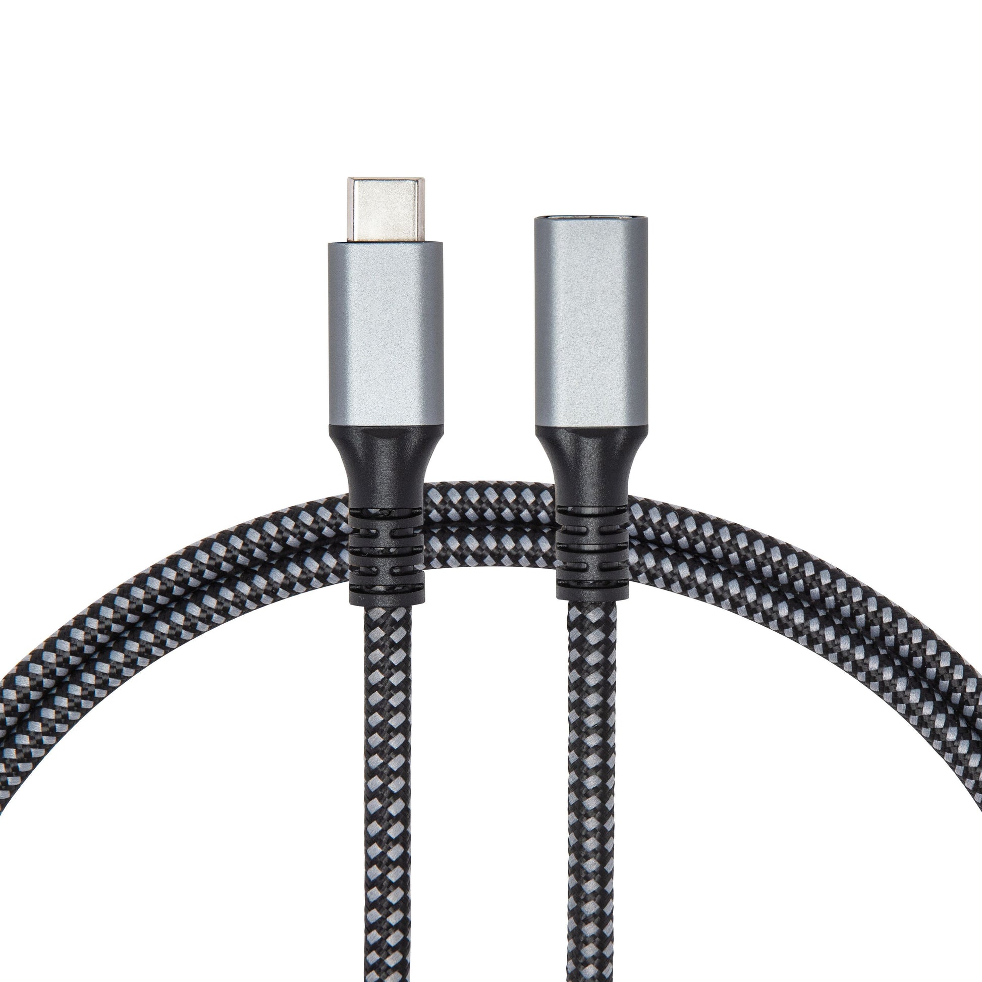 USB-C forlængerkabel 1 m flettet sort/grå med USB-C stik og 3,5 mm jack adapter, understøtter op til 100 W opladning.