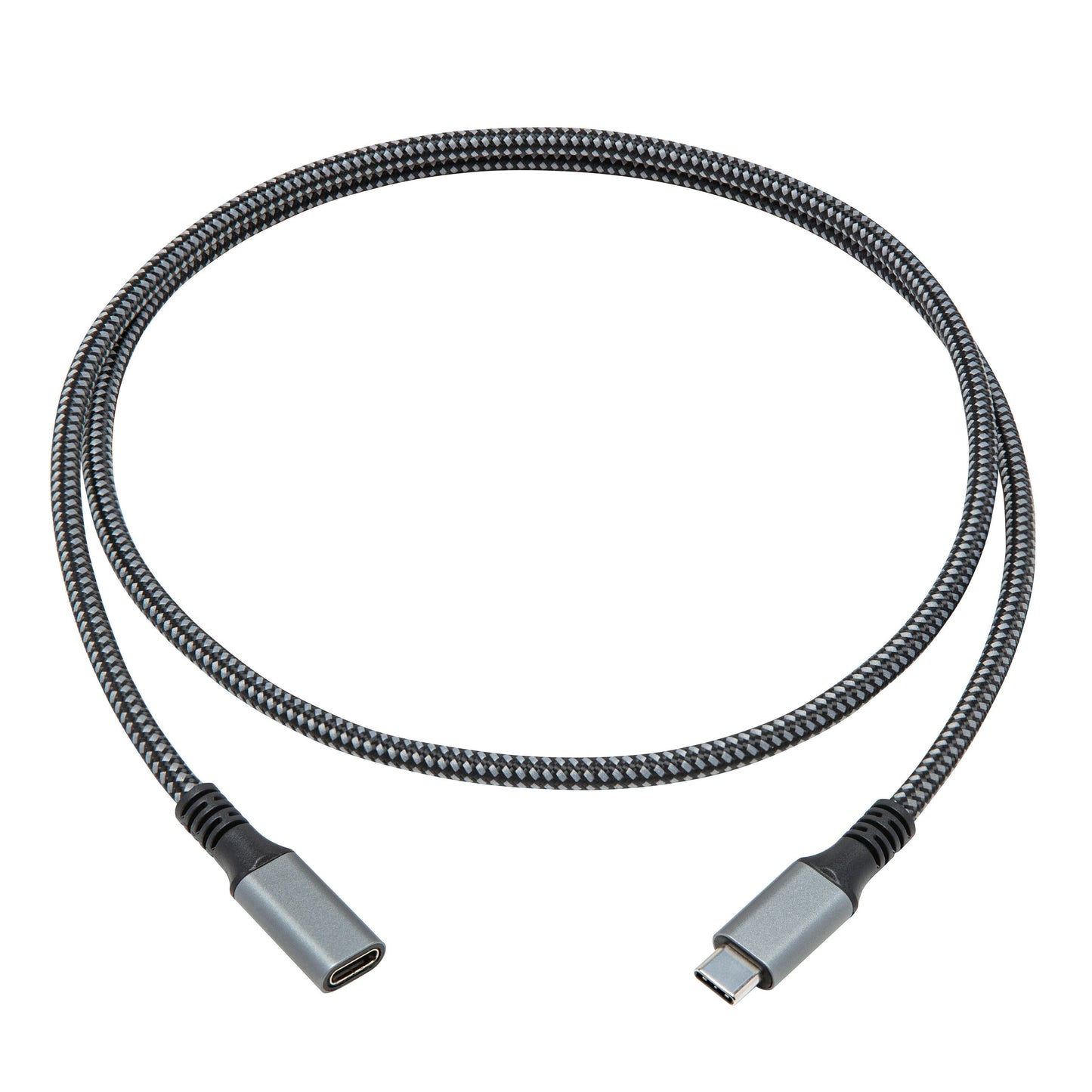 Plexgear USB-C forlængerkabel 1m, spiralformet, USB-C han til hun, understøtter data og 100W opladning.