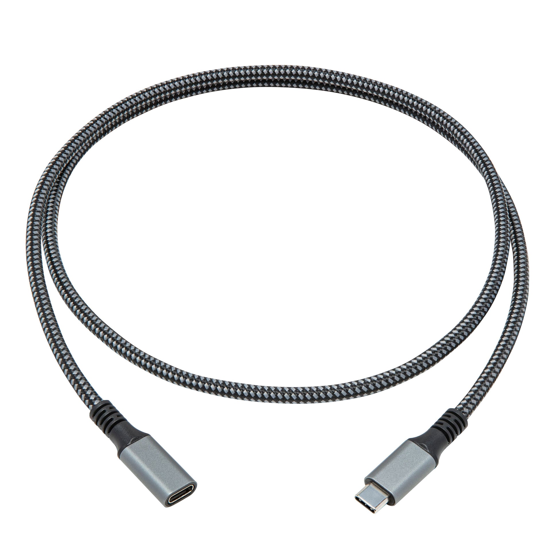 Plexgear USB-C forlængerkabel 1m, spiralformet, USB-C han til hun, understøtter data og 100W opladning.
