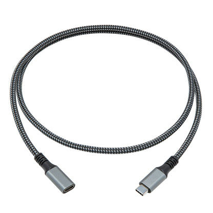 Plexgear USB-C forlængerkabel 1m, spiralformet, USB-C han til hun, understøtter data og 100W opladning.