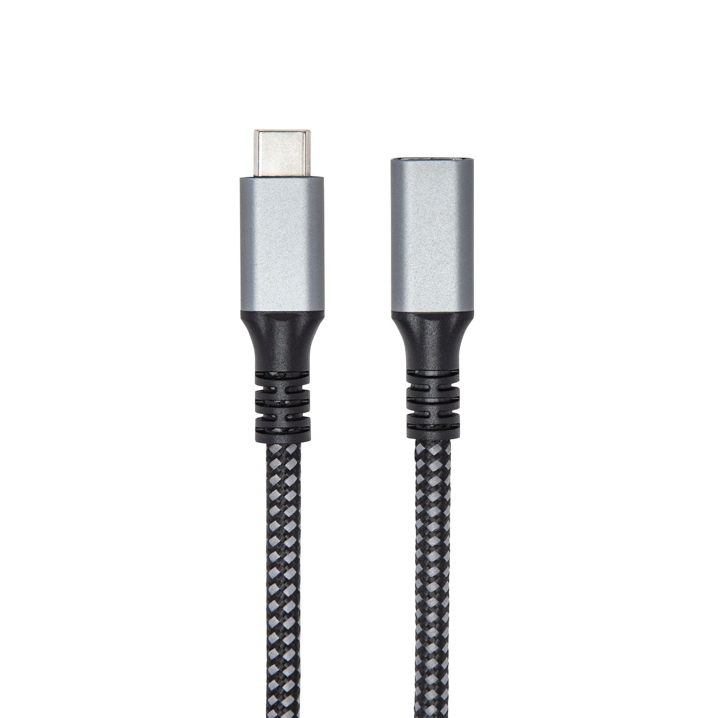 Plexgear USB-C forlængerledning 1 m, flettet kabel, sølvfarvet metalkapsling med sorte detaljer, op til 100W opladning.