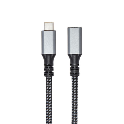 Plexgear USB-C forlængerledning 1 m, flettet kabel, sølvfarvet metalkapsling med sorte detaljer, op til 100W opladning.