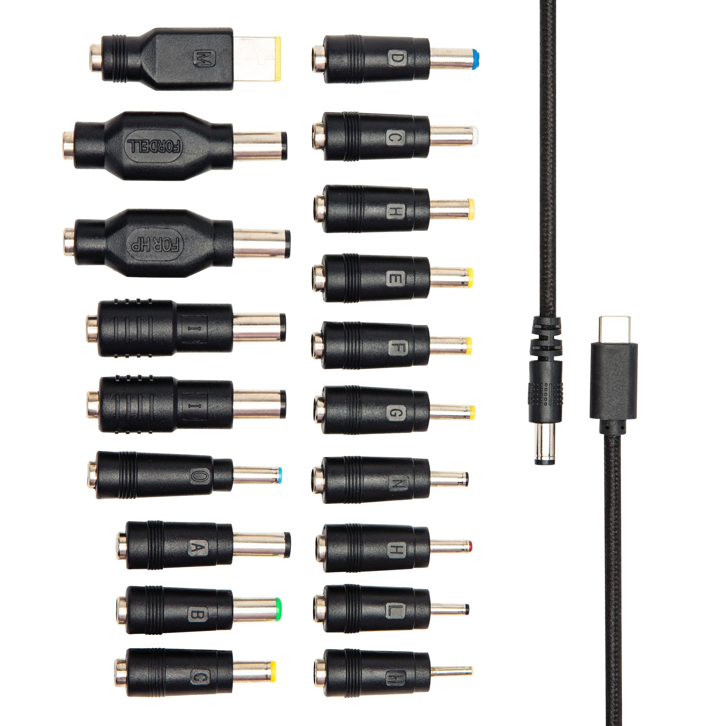 Plexgear Universal USB-C til DC-kabel 100 W med 14 slags udskiftelige adapterspidser, USB-stik og USB-C til DC-kabel.