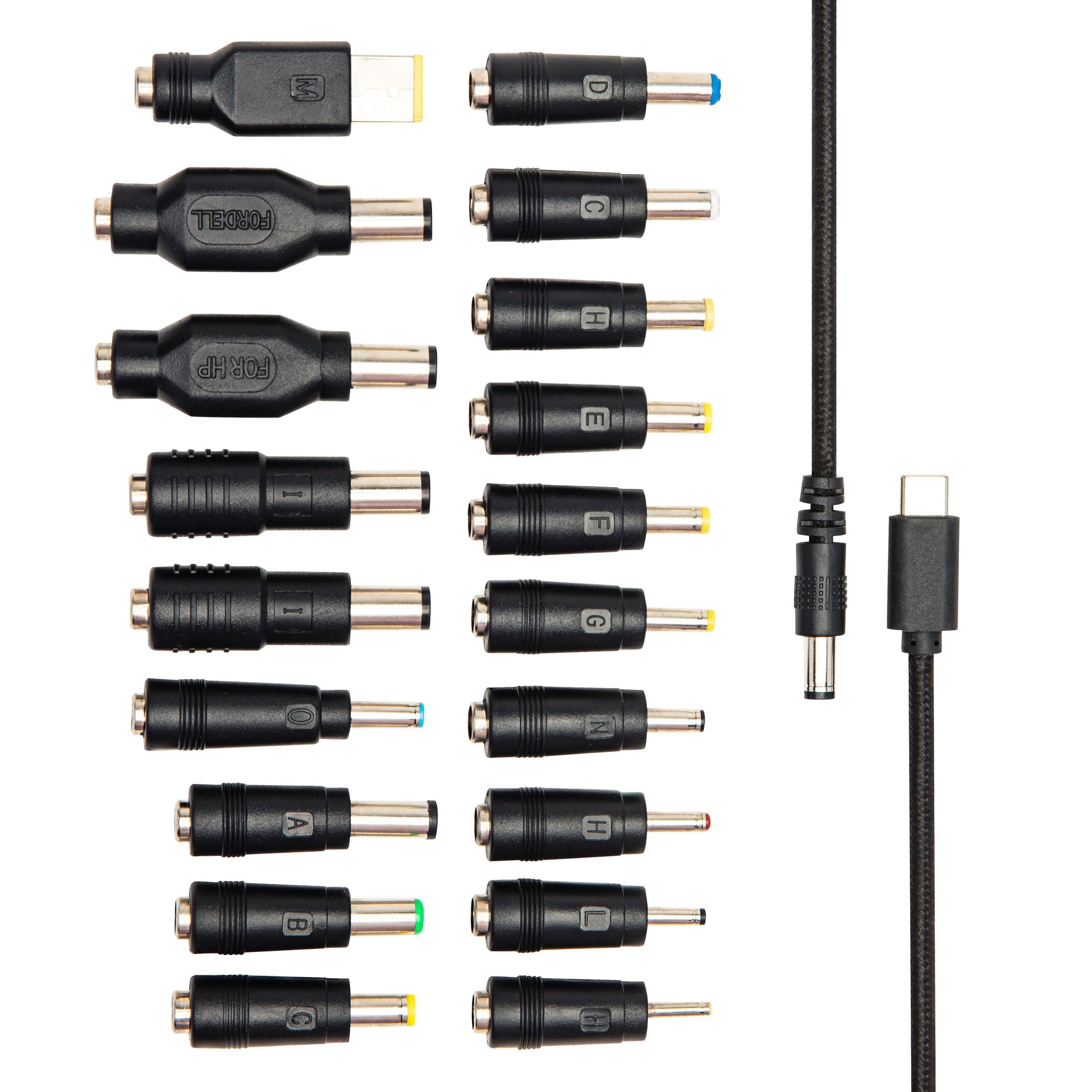Plexgear Universal USB-C til DC-kabel 100 W med 14 slags udskiftelige adapterspidser, USB-stik og USB-C til DC-kabel.