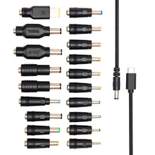 Plexgear Universal USB-C til DC-kabel 100 W med 14 slags udskiftelige adapterspidser, USB-stik og USB-C til DC-kabel.