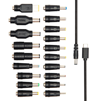 Plexgear Universal USB-C til DC-kabel 100 W med 14 slags udskiftelige adapterspidser, USB-stik og USB-C til DC-kabel.