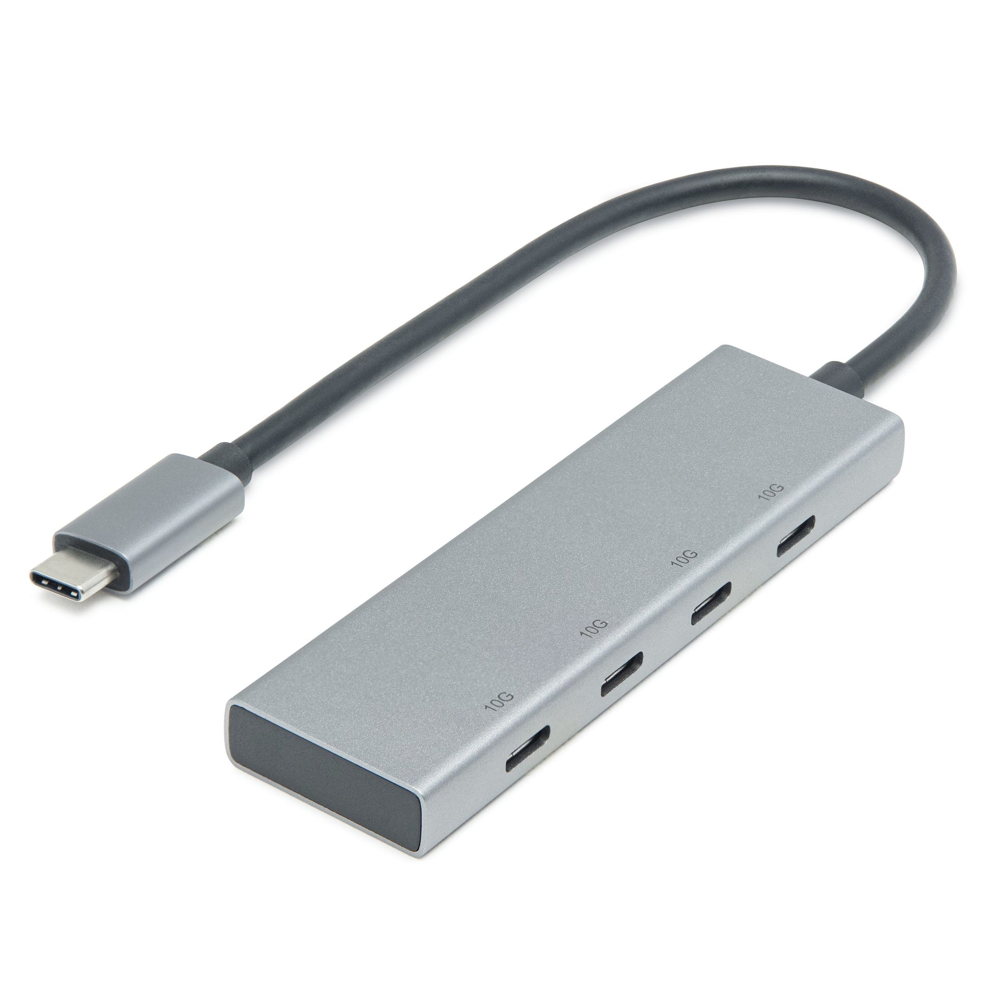 Plexgear USB-C-hub, sølv, 4 porte med mærkning "100" på siden og kort sort kabel.