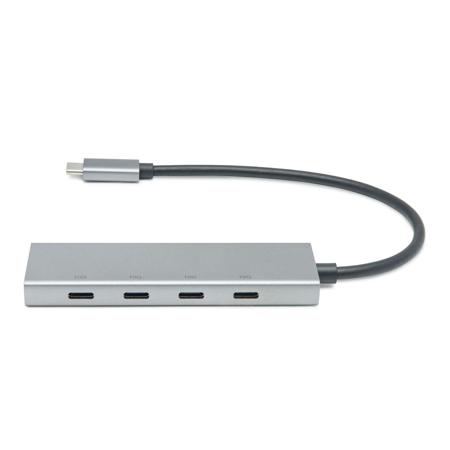 Plexgear USB-C-hub, 4 porte, sølvfarve, kort sort kabel, synlige USB-C- og USB-porte.