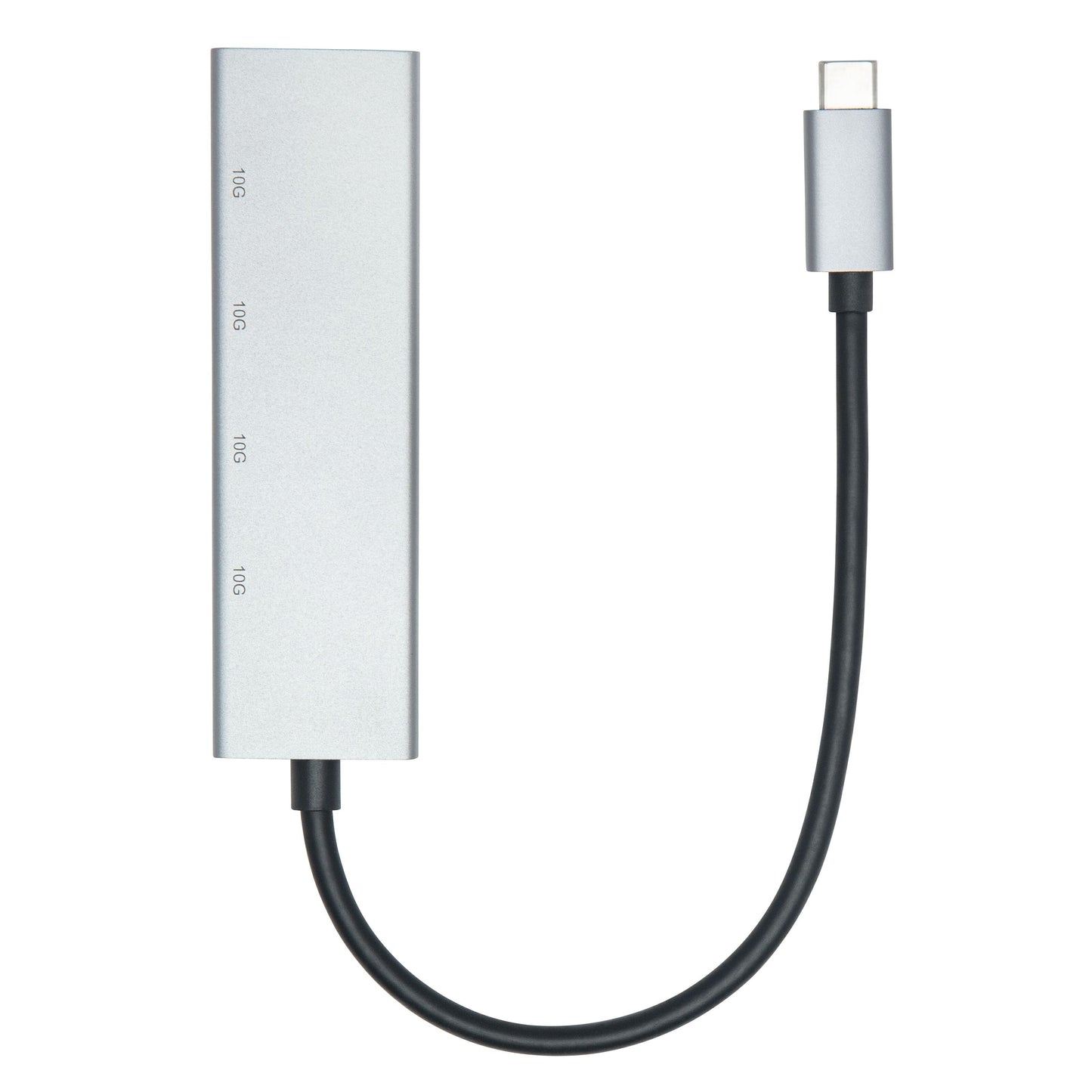 Plexgear USB-C-hub, sølv, kort sort kabel med USB-C-stik, 4 Ethernet-porte mærket 10G.