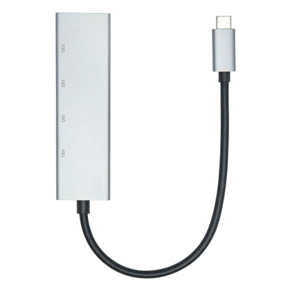 Plexgear USB-C-hub, sølv, kort sort kabel med USB-C-stik, 4 Ethernet-porte mærket 10G.