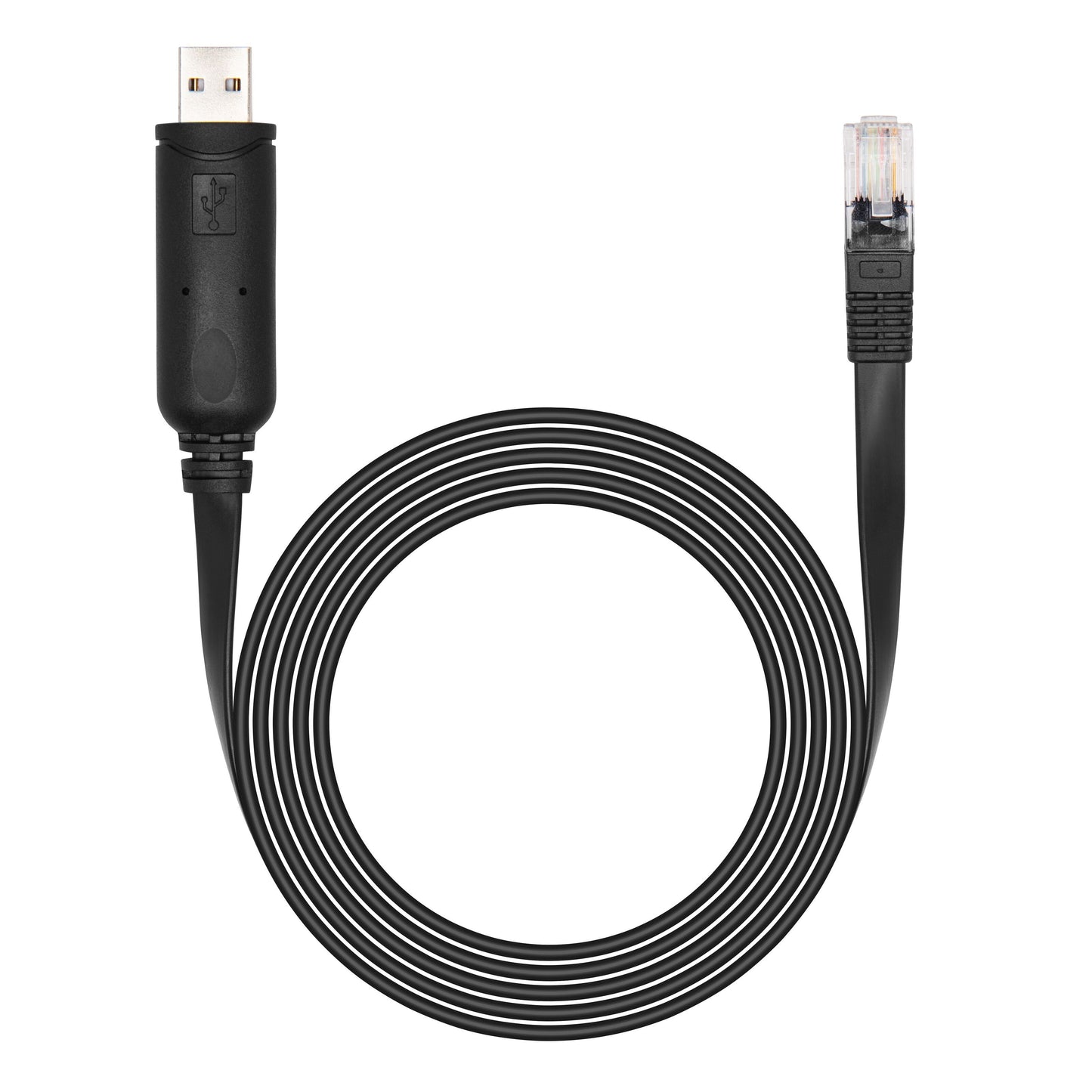 Luxorparts konsolkabel USB-A sort, USB-A til RJ45 Ethernet stik, kabel rullet sammen.