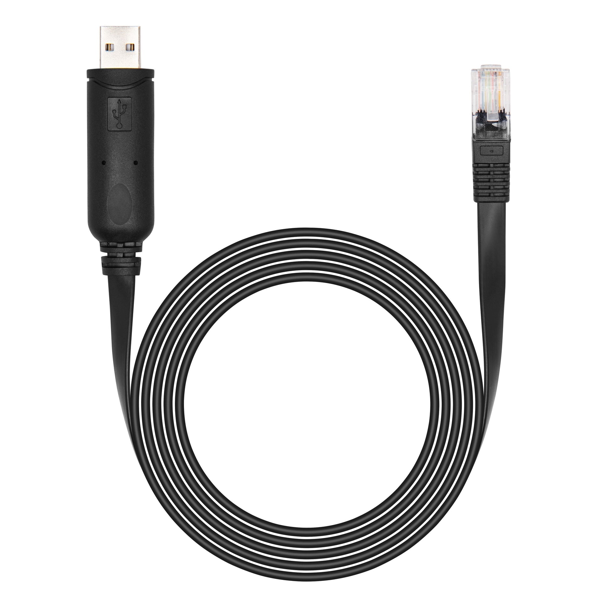 Luxorparts konsolkabel USB-A sort, USB-A til RJ45 Ethernet stik, kabel rullet sammen.