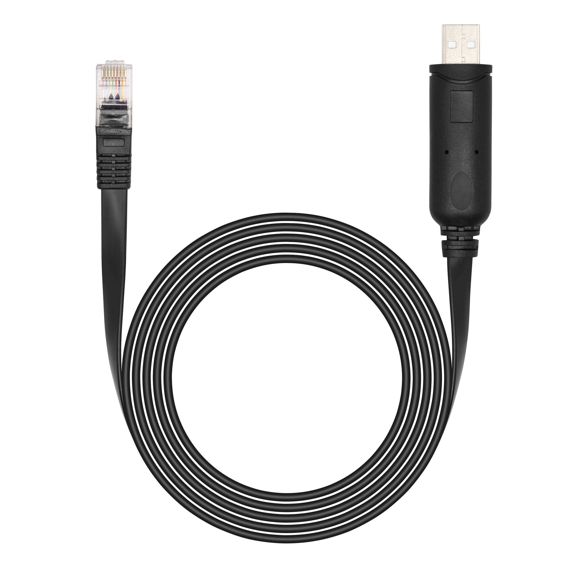 Luxorparts konsolkabel USB-A, sort spiral, USB-A stik til Ethernet RJ45-stik.