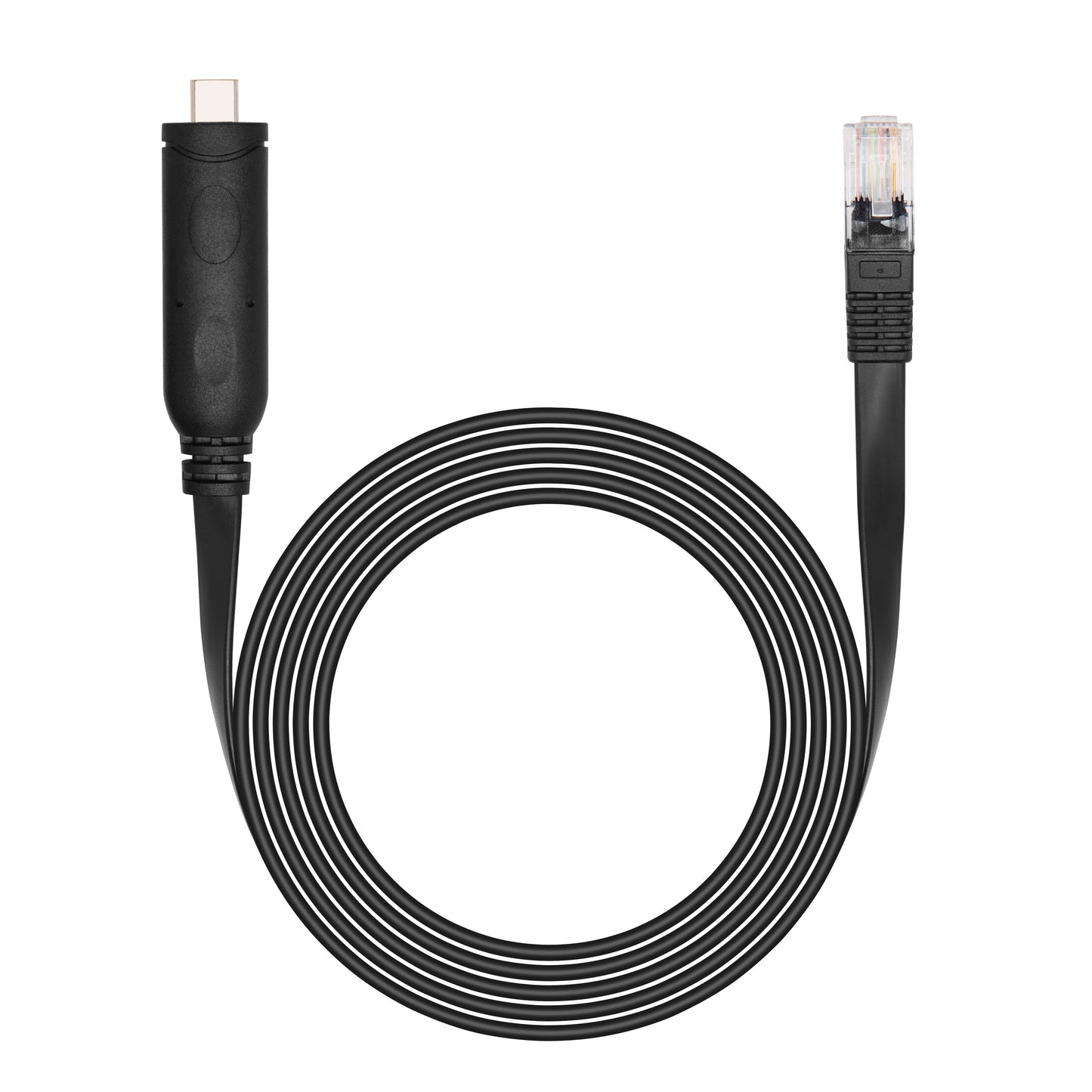 Luxorparts Konsolkabel USB-C, sort spiral, USB-C stik og RJ45 stik, FTDI chip til seriel netværksforbindelse.