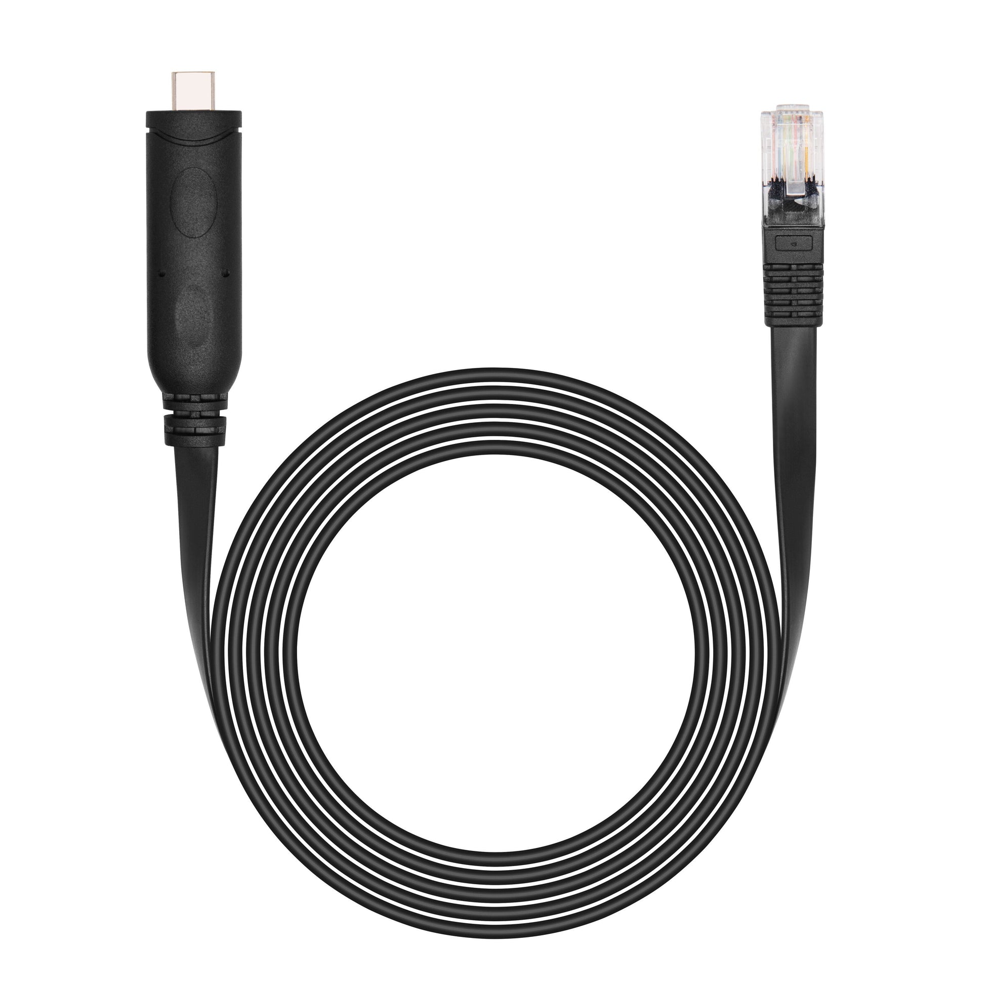 Luxorparts Konsolkabel USB-C, sort spiral, USB-C stik og RJ45 stik, FTDI chip til seriel netværksforbindelse.