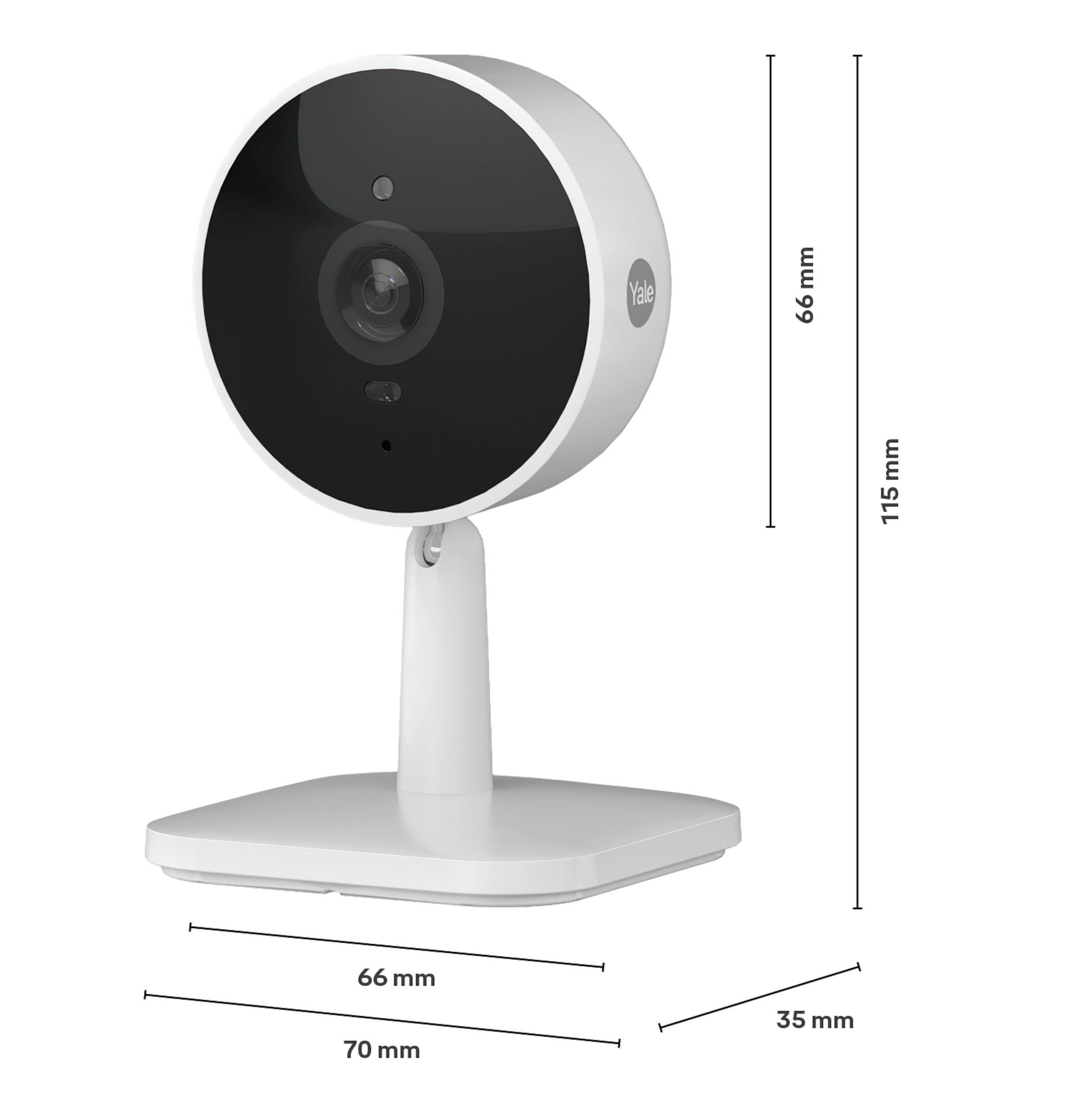 Yale Smart indendørskamera sort front firkantet base 115x66 mm, base 70x35 mm, Yale-logo synligt på siden.