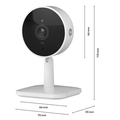 Yale Smart indendørskamera sort front firkantet base 115x66 mm, base 70x35 mm, Yale-logo synligt på siden.