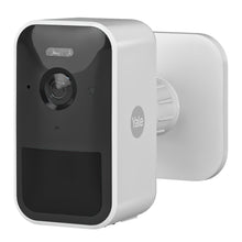 Yale Smart udendørskamera hvid/sort rektangulær med linse, infrarød sensor, side-logo og rund base til udendørs brug.