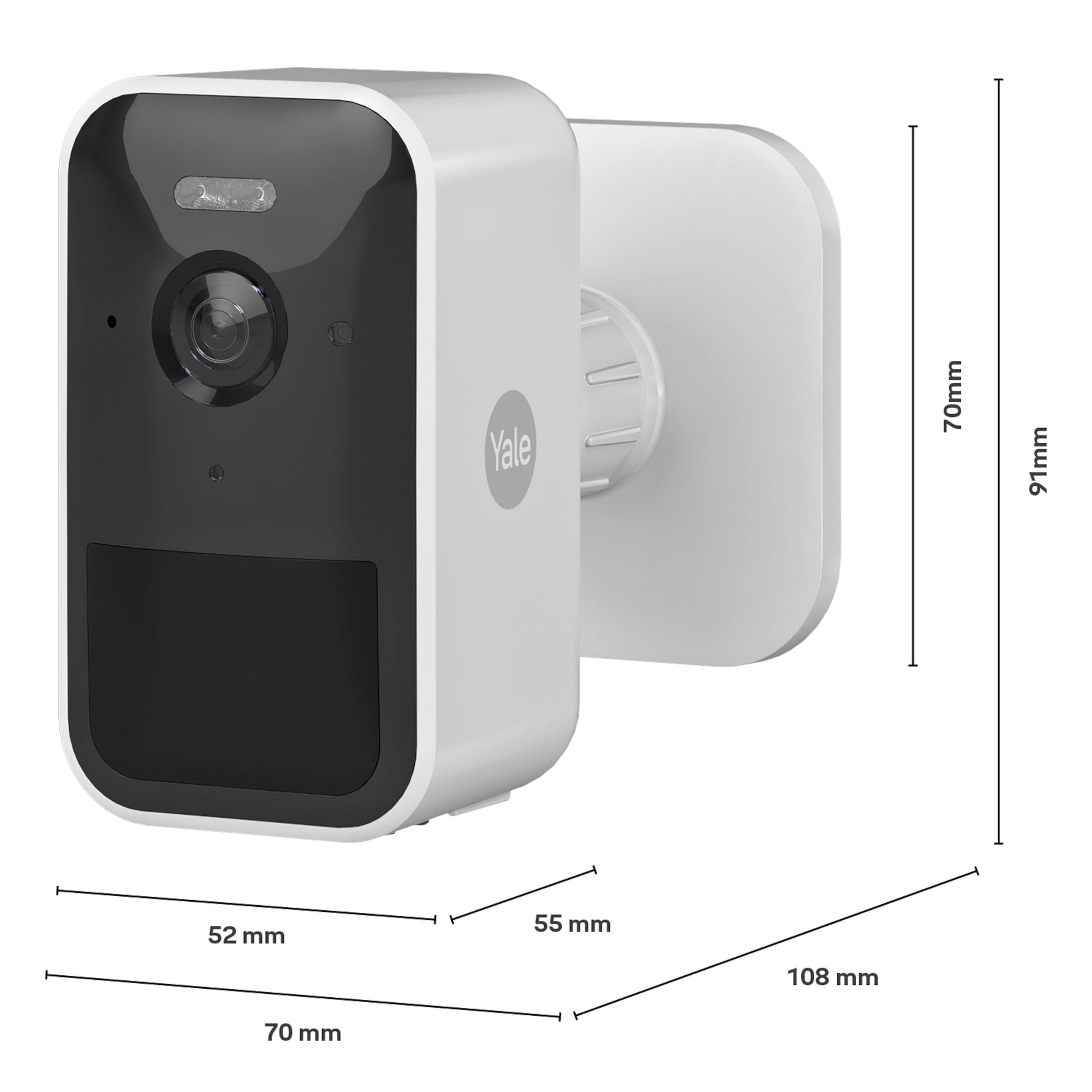 Yale Smart udendørskamera med sort frontpanel, måler 70x91x108mm, synlige mål 52mm, 55mm og 70mm.