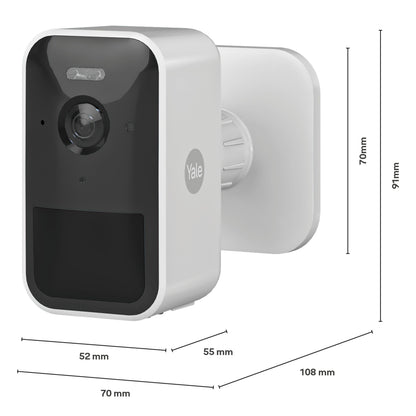 Yale Smart udendørskamera med sort frontpanel, måler 70x91x108mm, synlige mål 52mm, 55mm og 70mm.
