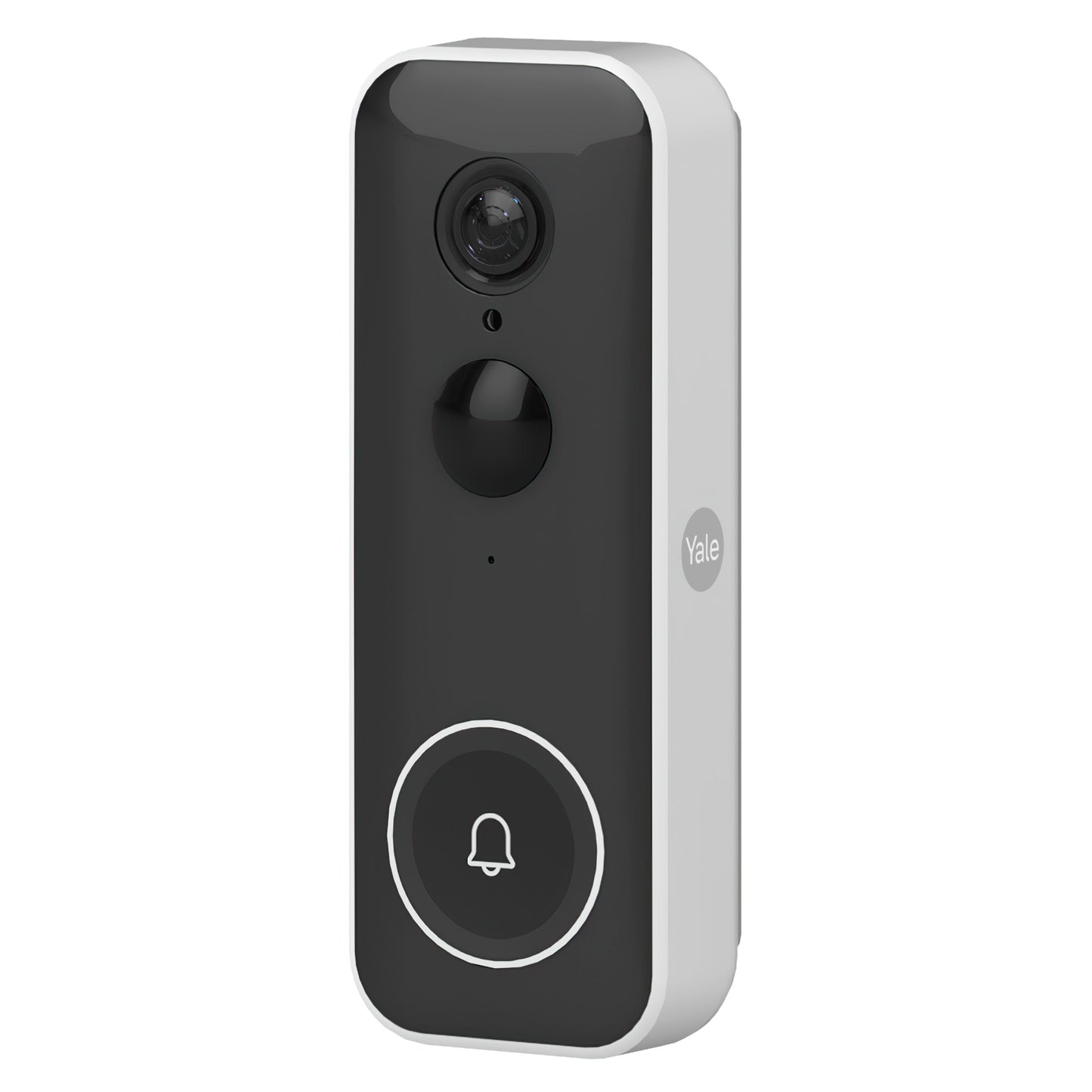 Yale Smart video dørklokke sort/hvid med kamera øverst, bevægelsessensor, dørklokke-knap og Yale-logo på siden.