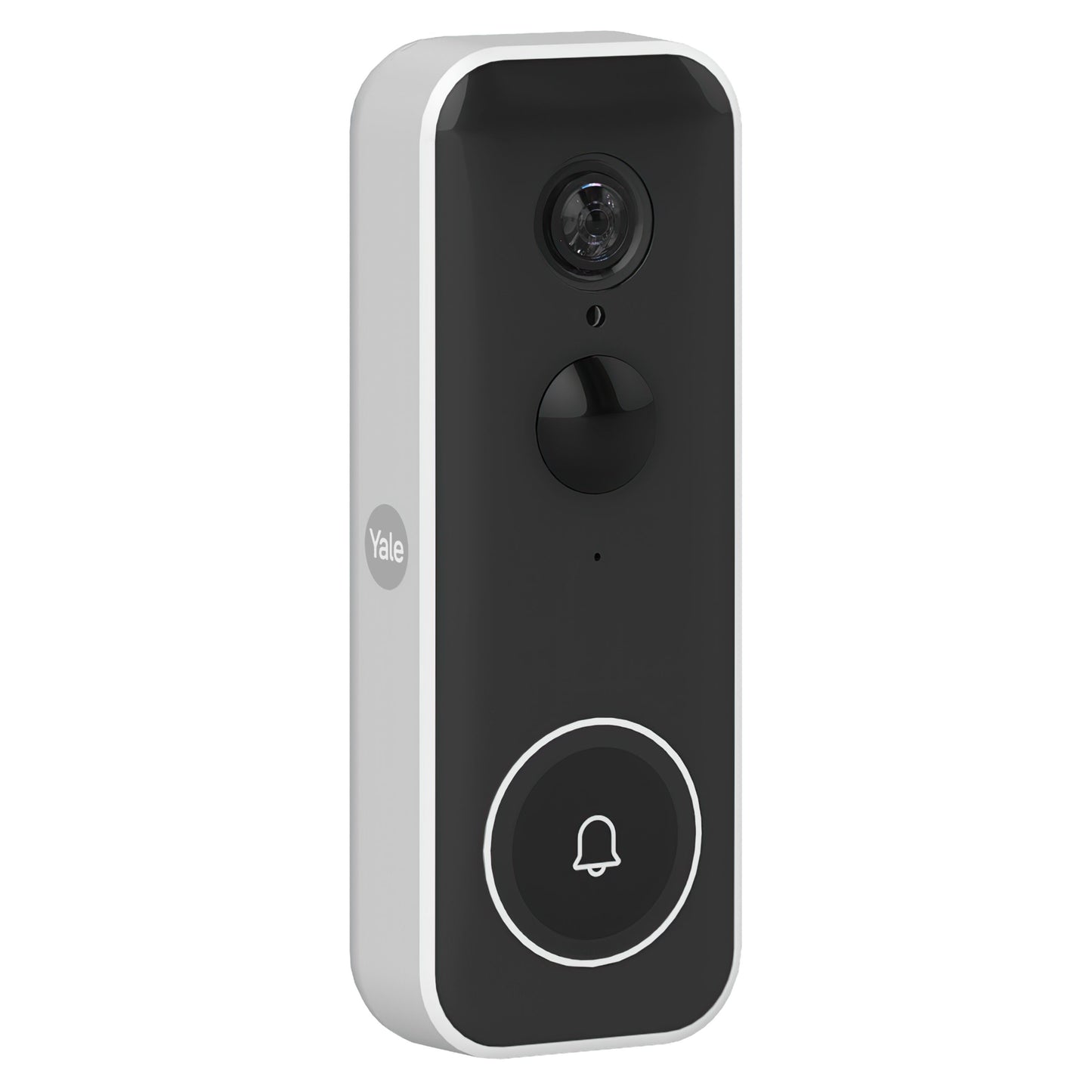 Yale Smart video dørklokke med kamera øverst, rund knap med klokkeikon nederst og Yale-logo på siden.