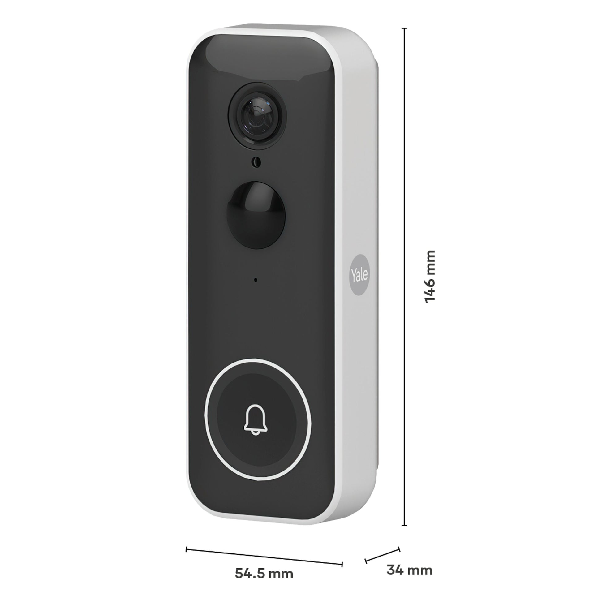 Yale Smart video dørklokke, sort/hvid, kamera, bevægelsessensor, oplyst trykknap, smart home, 146x54.5x34 mm.