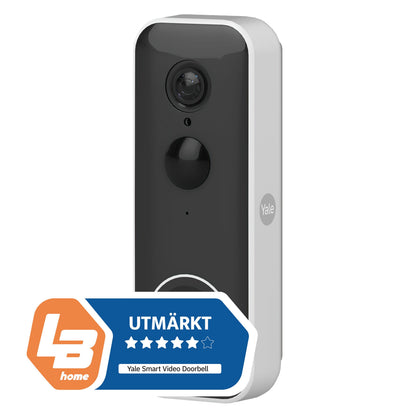 Yale Smart video dørklokke med sort front og hvide sider, smart home-integration, "Bäst i test"-mærke med 4 stjerner.