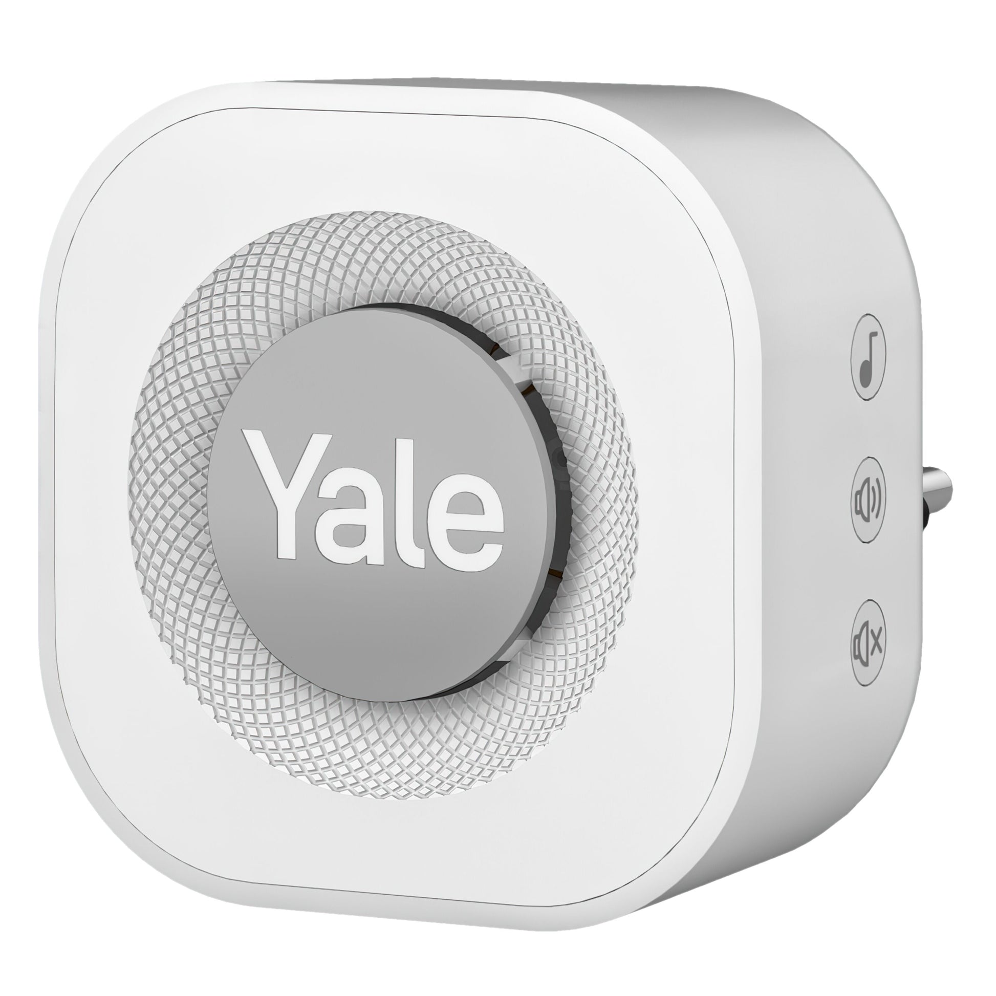 Yale dørklokke, hvid og kvadratisk med afrundede kanter, stor centerknap med "Yale" samt tre sideknapper.