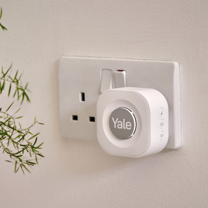 Yale Doorbell Chime, hvid, sat i britisk stikkontakt, lille plante synlig til venstre.