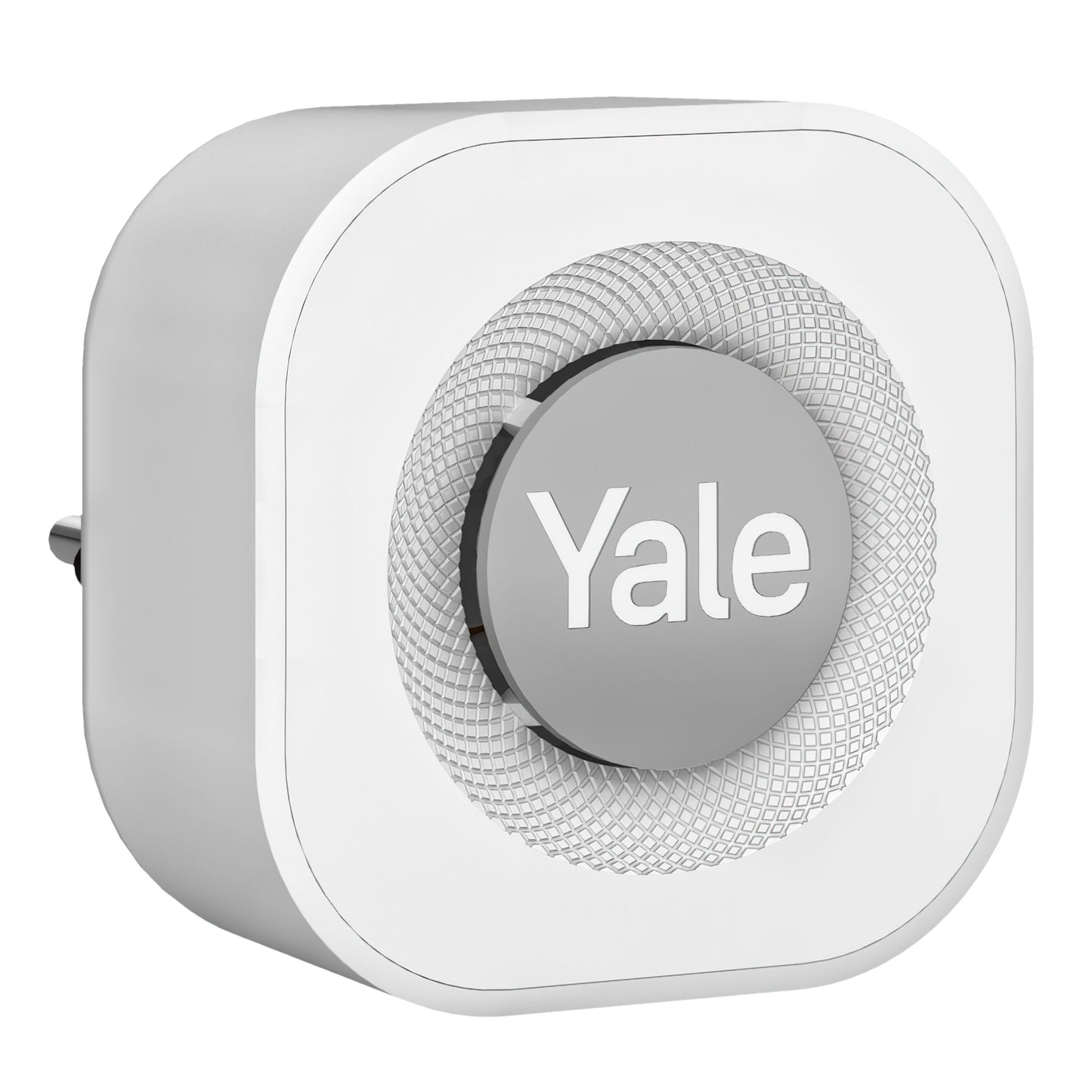 Yale Doorbell Chime, hvid firkantet plug-in med sølv Yale-logo i midten, kompatibel med Yale Smart Video Doorbell.